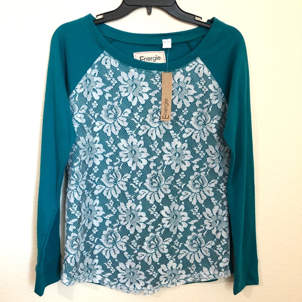Energie Long Sleeve Pullover Wide Neck Lace Detail